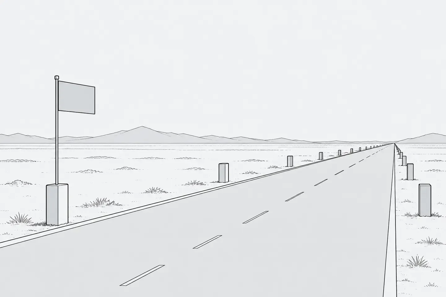 Illustration: surveyor's flag planted on a long straight road that recedes into the distance, small evenly spaced milestone posts along the road, the flag stands at the first milestone.