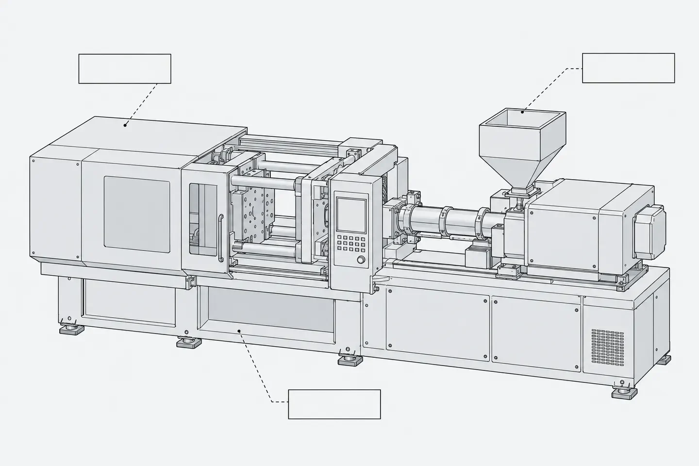 Illustration: an industrial machine (injection-molding style press) drawn isometrically, with thin dashed lines leading from it to three simple floating speech-bubble outlines that are empty.