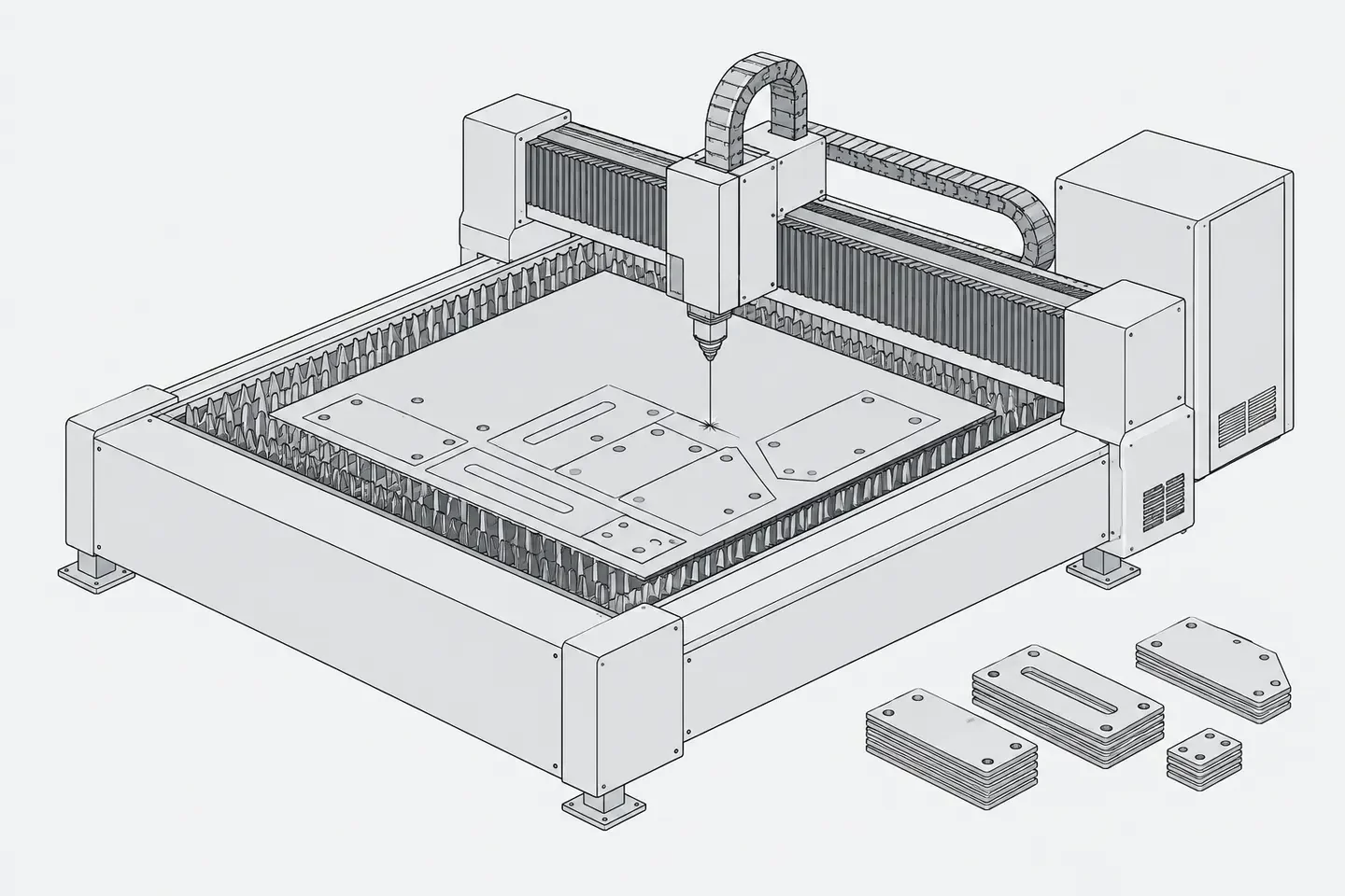 Illustration: industrial laser cutting machine drawn isometrically, a thin straight beam cutting a flat metal sheet, a few cut parts stacked neatly beside it.