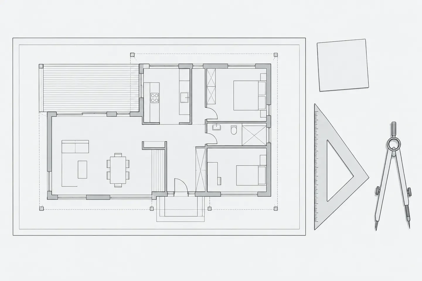 Illustration: an architect's blueprint sheet pinned flat on a drafting table with a clearly bounded rectangular outline, a separate small sticky-note-like card placed just outside the boundary.