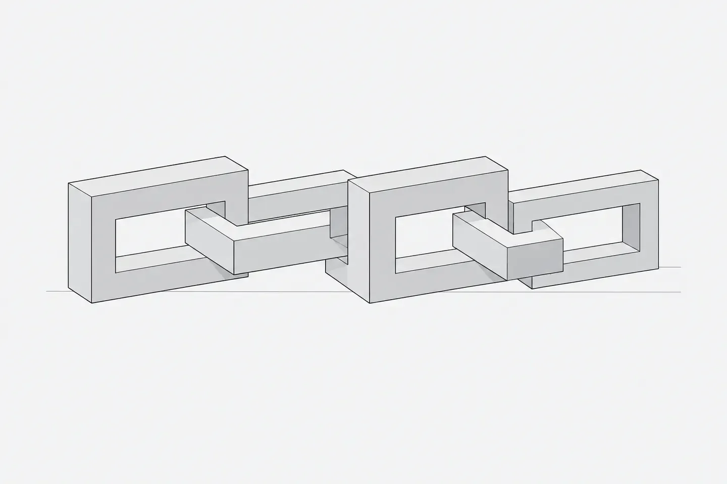 Illustration: horizontal chain of four large interlocking links drawn in fine line art, the links slightly different in thickness, resting on a flat surface with a soft ground line.