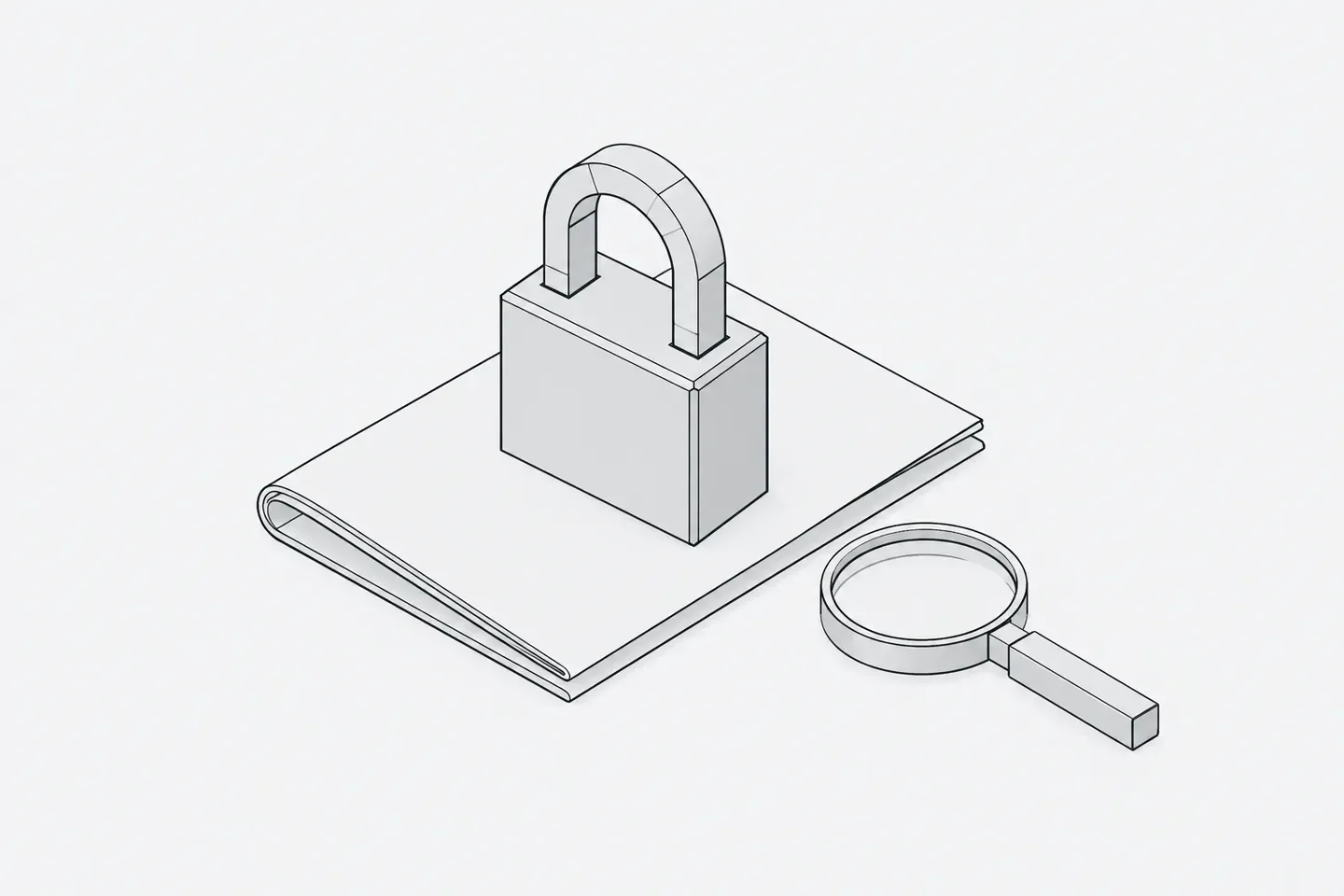 Illustration: heavy padlock resting on a neatly folded document with a small inspection magnifying glass beside it.