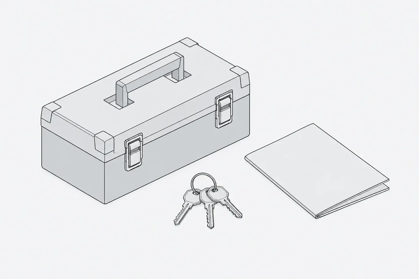 Illustration: a ring of keys, a closed toolbox and a folded manual laid neatly side by side on a clean surface as if being handed over.